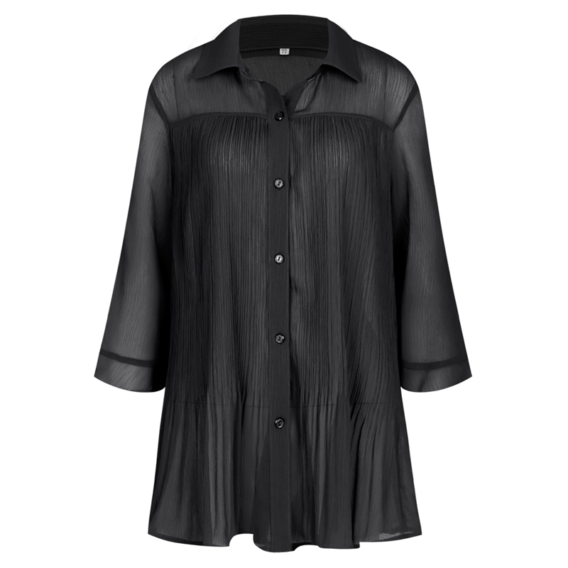 솔리드 국산 여성 8부 셔링 셔츠남방 자켓 RF-WSH-0499-블랙